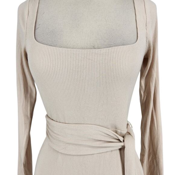 Privacy Please Ribbed Knit Midi Dress Square Neckline Side Slit Cream Size Small - Picture 6 of 6